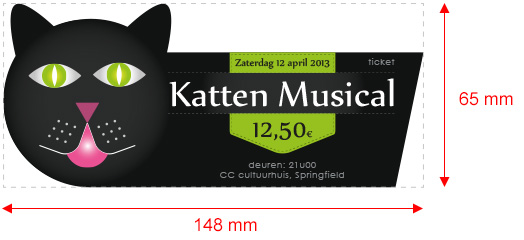 afbeelding van het ontwerp voor Katten Musical met de afmetingen erbij vermeld, 65mm hoog en 148mm breed/></div>
<p>Als je de kaarten online wilt bestellen, moet je eerst het 'buitenformaat' weten. Je moet er daarbij op letten dat het afgewerkte kaartje moet passen binnen dat formaat dat je online selecteert. Je kan je ontwerp bijvoorbeeld baseren op een ticket formaat van 65 * 148mm, zoals wij in ons voorbeeld gaan doen.</p>
<p><b><u>2. Layout in Illustrator</u></b></p>
<div style=